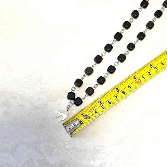 Genuine Black Agate Short Necklace, Gemstone Cube & Cute Slim Cat Pendant - Picture 10 of 12